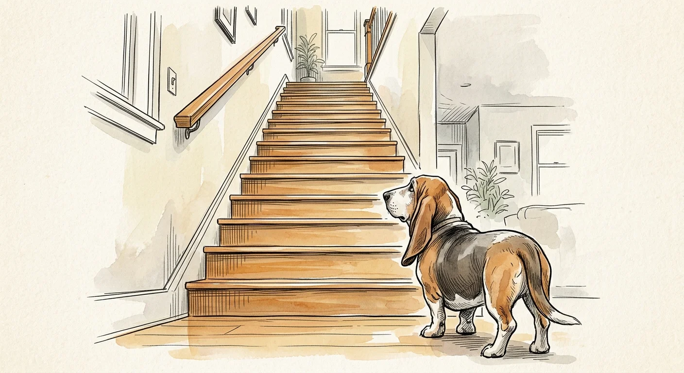 An ink and watercolor illustration of an older basset hound looking hesitantly up a steep flight of hardwood stairs.