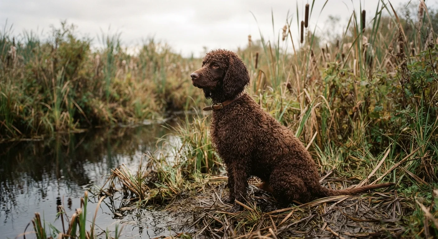 An Irish Water Spaniel sitting alertly among reeds in a quiet, overcast marshland.