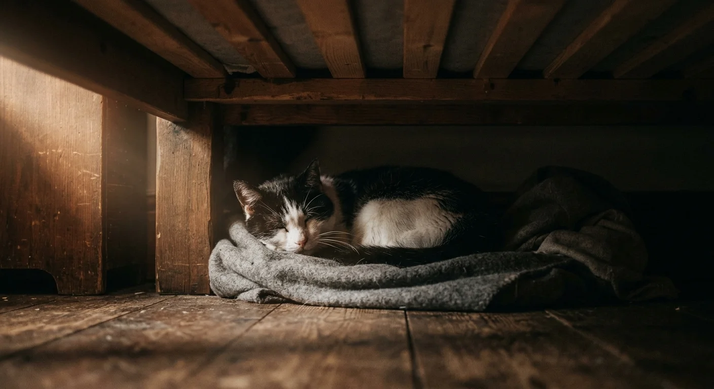 An older cat curls up in a quiet, shadowy hiding spot underneath a wooden bed.