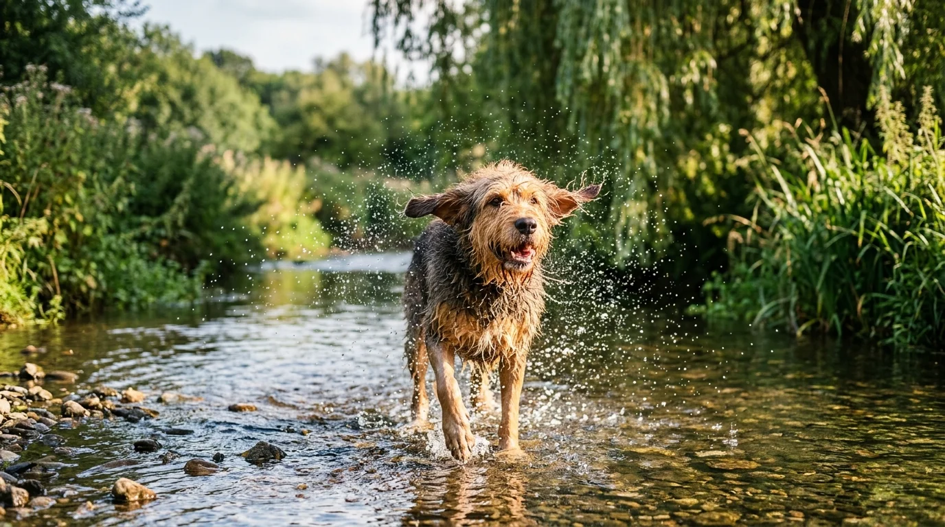 An Otterhound with a shaggy, wet coat stands in a shallow, sunlit river in the English countryside.