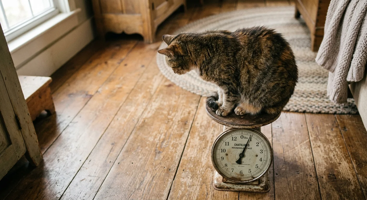 An overhead view of a cat sitting on a vintage metal scale, showing its slightly prominent spine under its fur.
