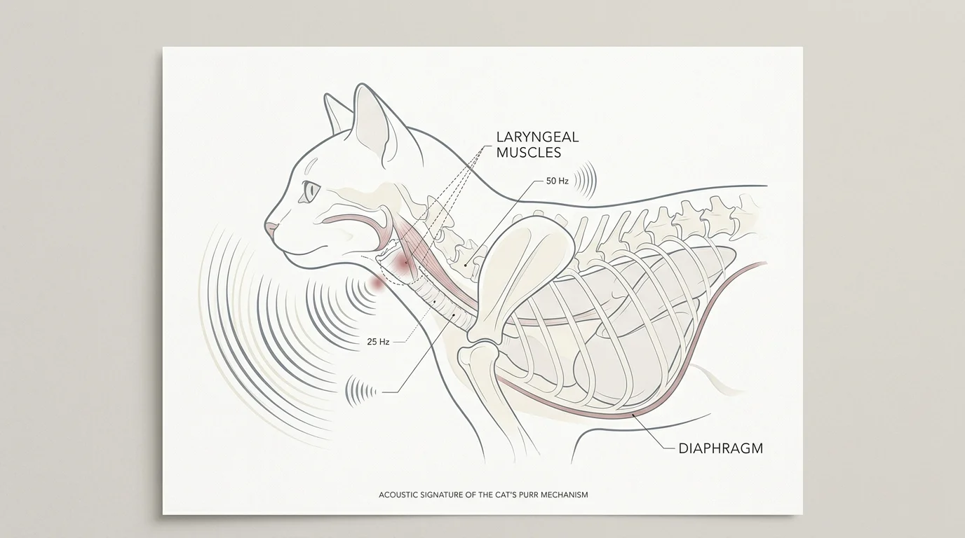 Anatomical diagram of a cat showing the laryngeal muscles and diaphragm coordinating to produce 25 Hz and 50 Hz purr vibrations.