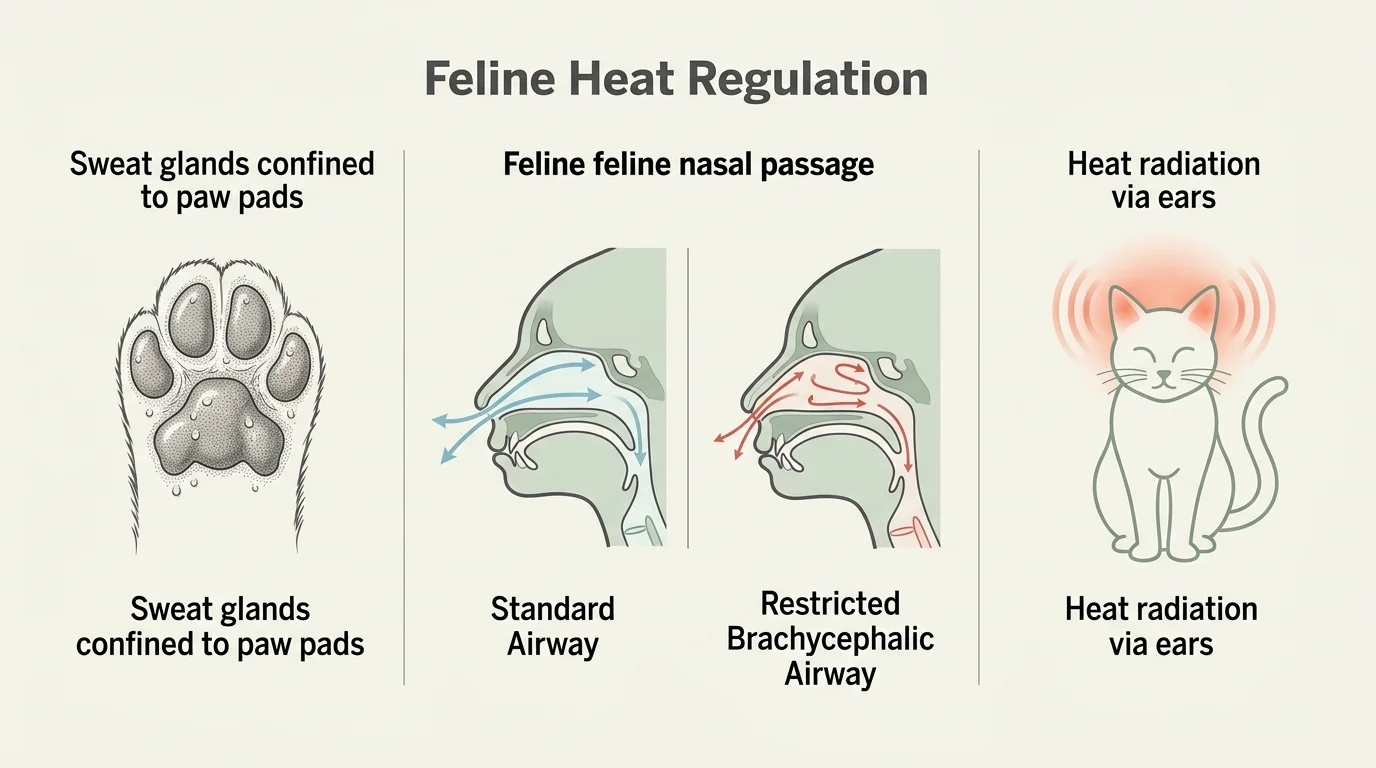 Anatomical diagram showing how cats regulate heat through their paws, ears, and airways, highlighting flat-faced breathing difficulties.