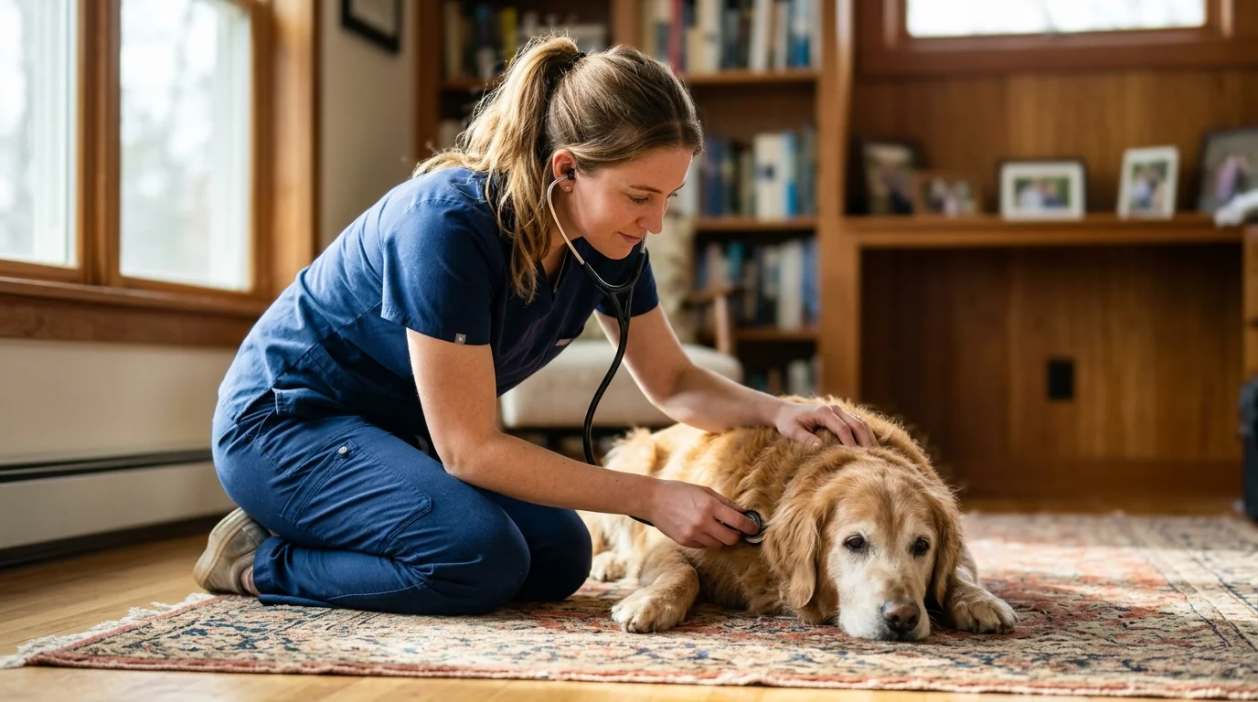 Candid home-style photograph of a veterinarian gently listening to a golden retriever's heartbeat with a stethoscope.