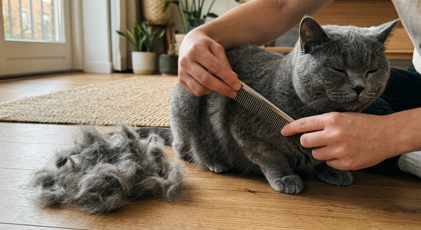 Close-up of an owner grooming a British Shorthair cat with a deshedding brush, showing a pile of loose grey fur on the wooden floor.