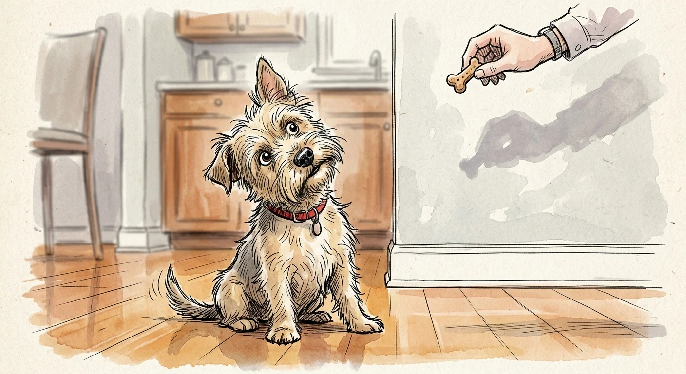 Humorous watercolor sketch of a dog tilting its head at a hand holding a treat, illustrating learned behavior.