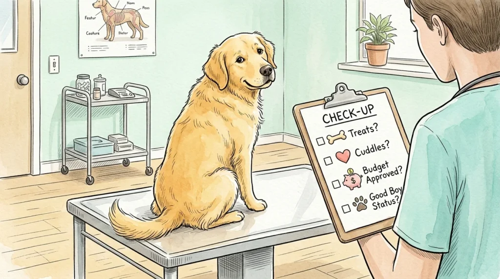 Ink and watercolor illustration of a golden retriever on an exam table looking back at a veterinarian holding a clipboard.