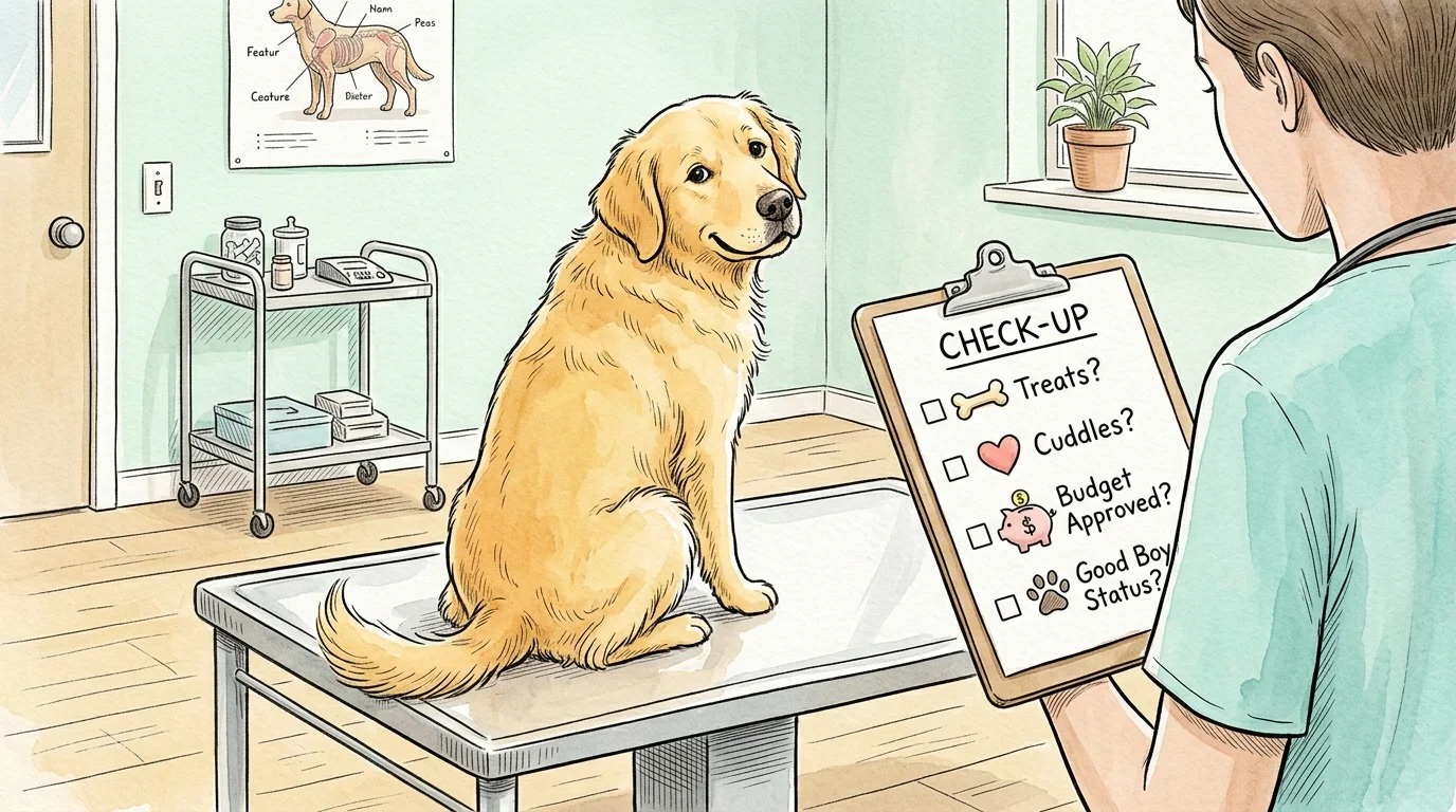 Ink and watercolor illustration of a golden retriever on an exam table looking back at a veterinarian holding a clipboard.