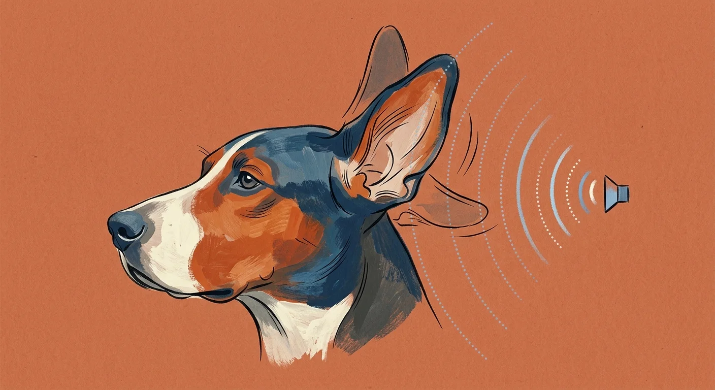 Minimalist gouache illustration of a dog profile with soft blue sound waves pointing towards its ear.