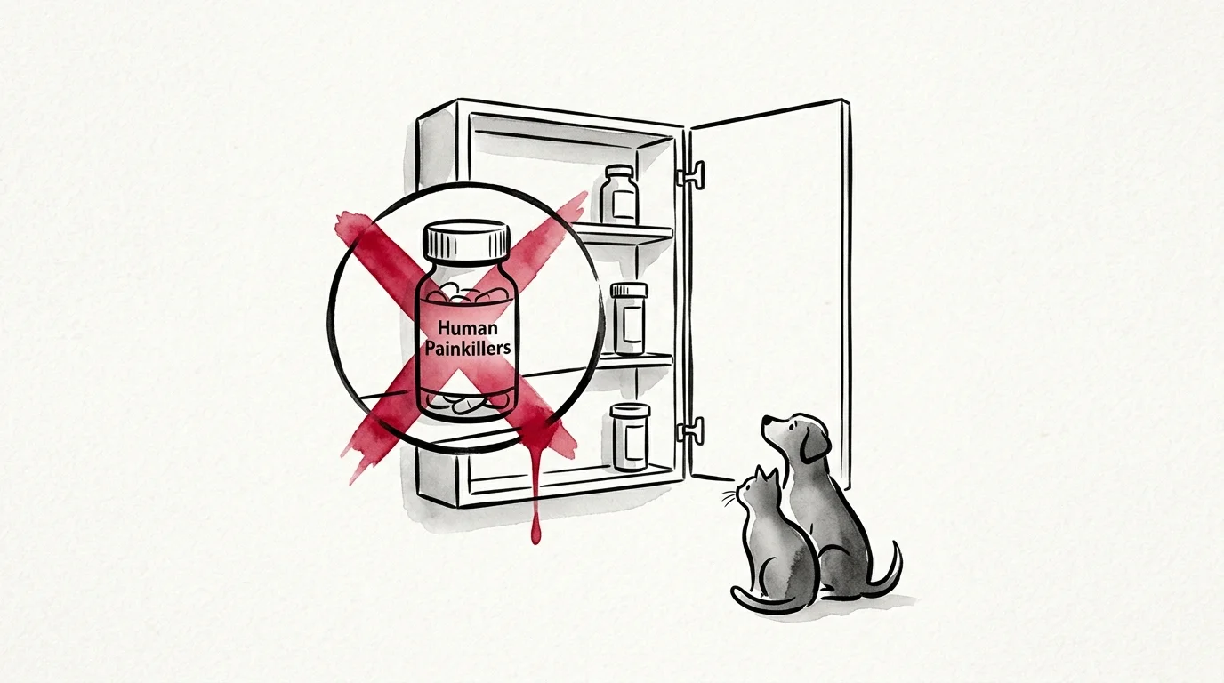 Minimalist ink and watercolor illustration showing a red warning cross over human painkillers next to pet silhouettes.