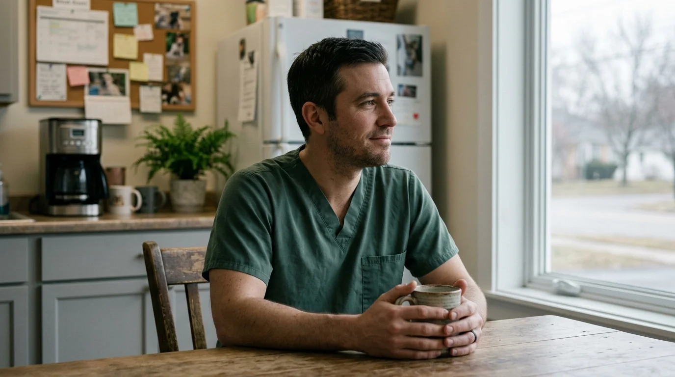 Softly lit editorial photograph of a tired veterinarian sitting alone in a break room holding a mug of coffee.