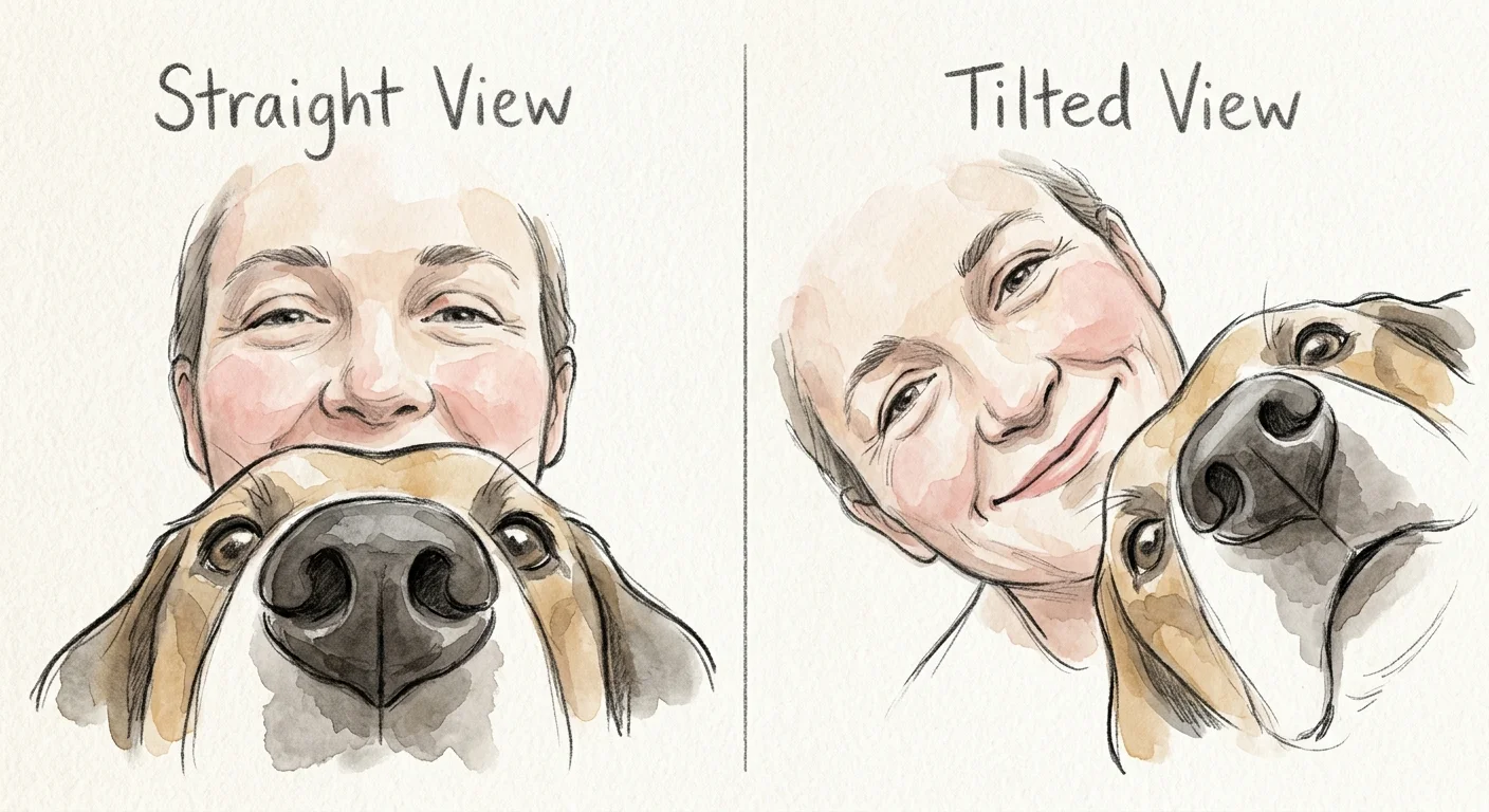 Split-view watercolor illustration showing how a dog's muzzle blocks its view of a human's mouth until it tilts its head.