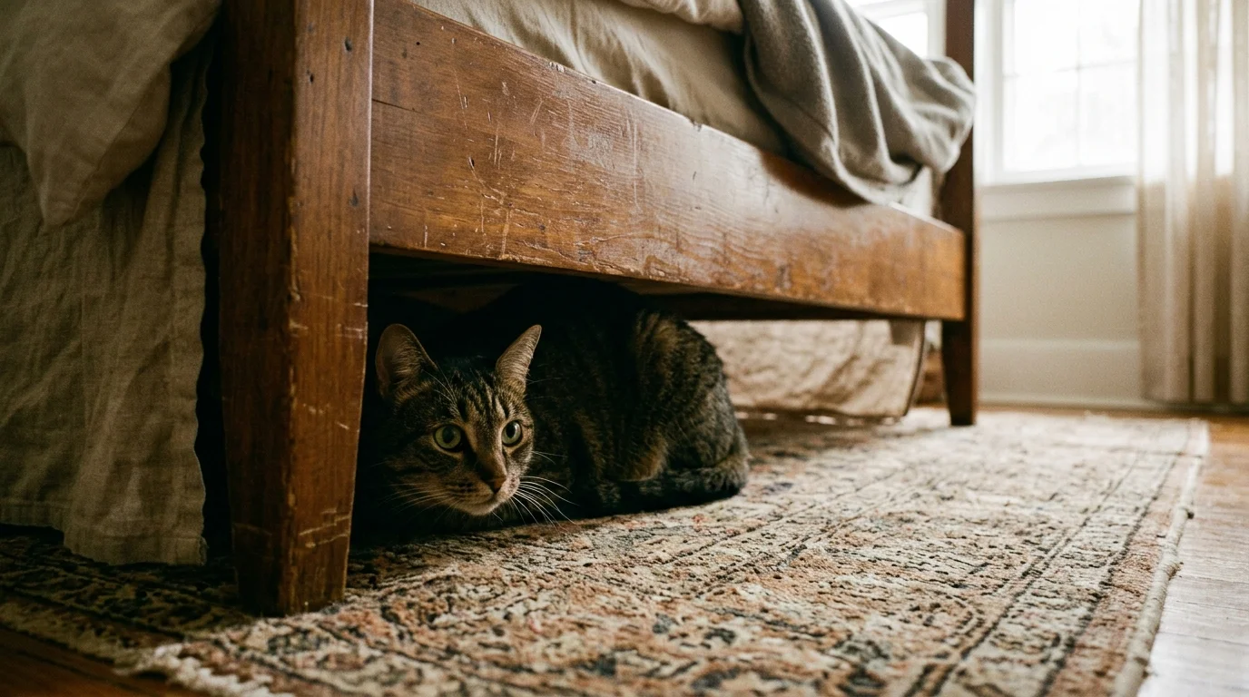 Warm 35mm film photograph of a tabby cat hiding under a wooden bed, peeking out with wide, anxious eyes.