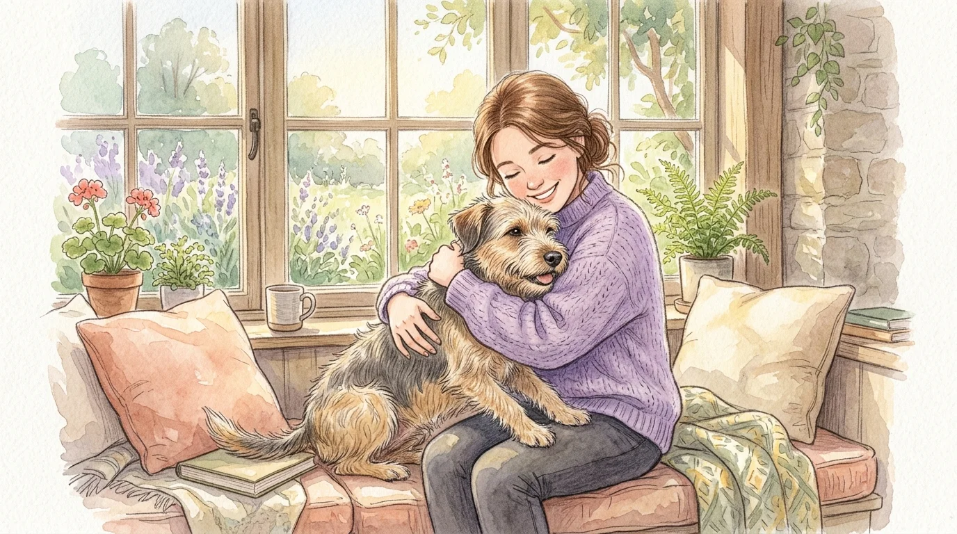 Warm watercolor illustration of a pet owner hugging her dog in a sunlit window seat.