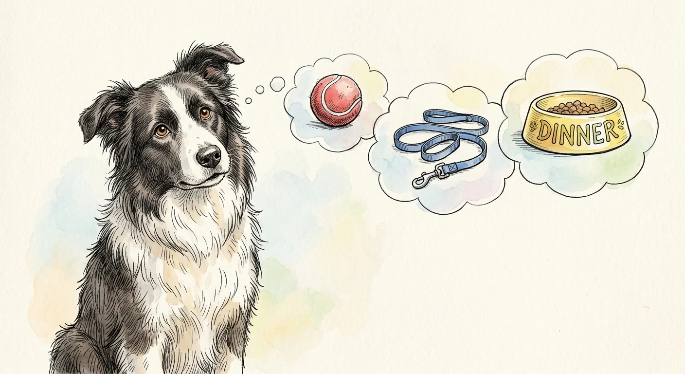 Watercolor illustration of a Border Collie tilting its head with thought bubbles showing a ball, leash, and food bowl.