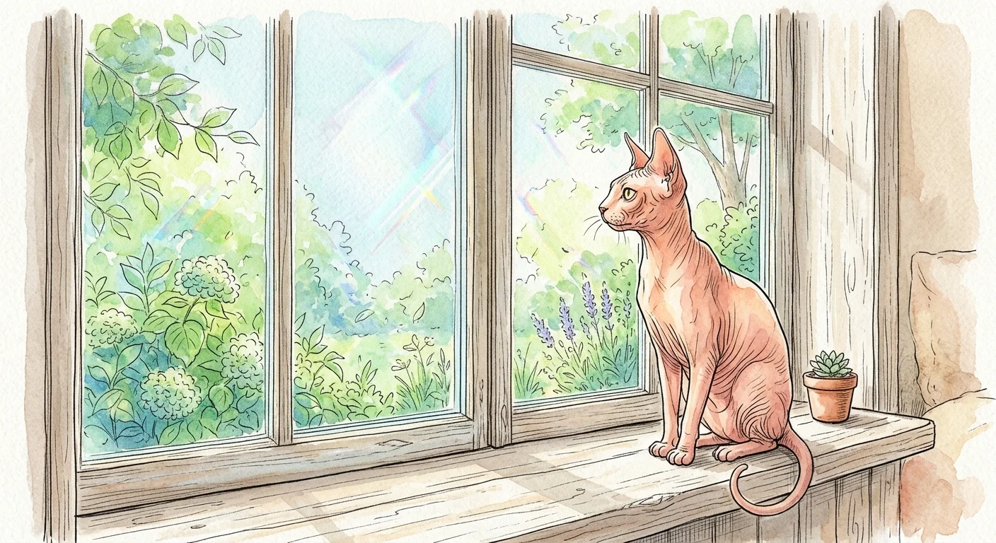 Watercolor illustration of a hairless Sphynx cat looking out a window equipped with protective UV window film.