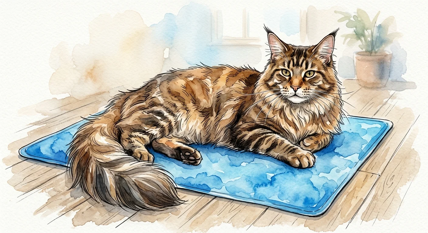 Watercolor illustration of a large Maine Coon cat resting comfortably on a bright blue cooling gel mat.