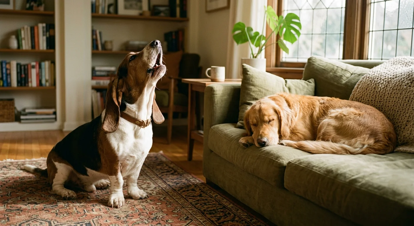A Basset Hound howls on a living room rug while a golden retriever sleeps soundly on the sofa right next to him.