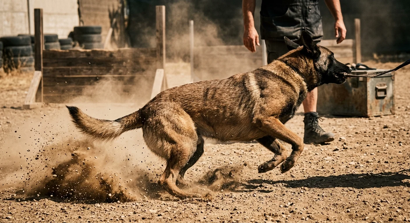A Belgian Malinois kicks up dust in a sharp pivot while training in a sunny, dry outdoor yard.