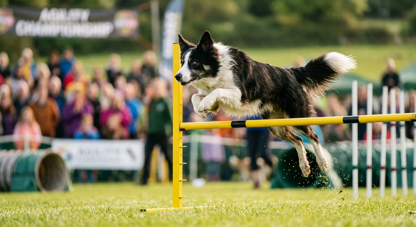 A black-and-white Border Collie leaps gracefully over a yellow agility bar hurdle on a sunny green field.