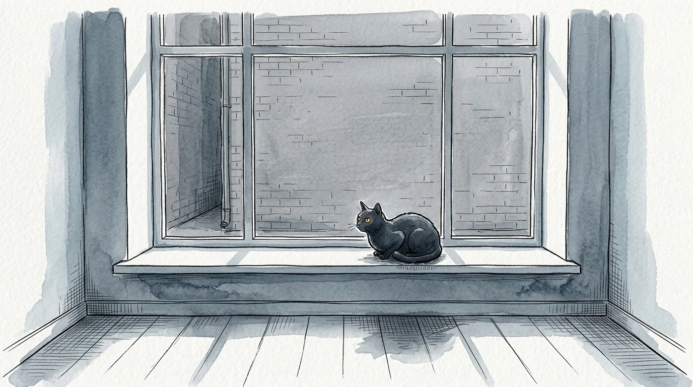 A black cat sits on a bare, empty windowsill looking out at a gray wall, illustrating environmental boredom.