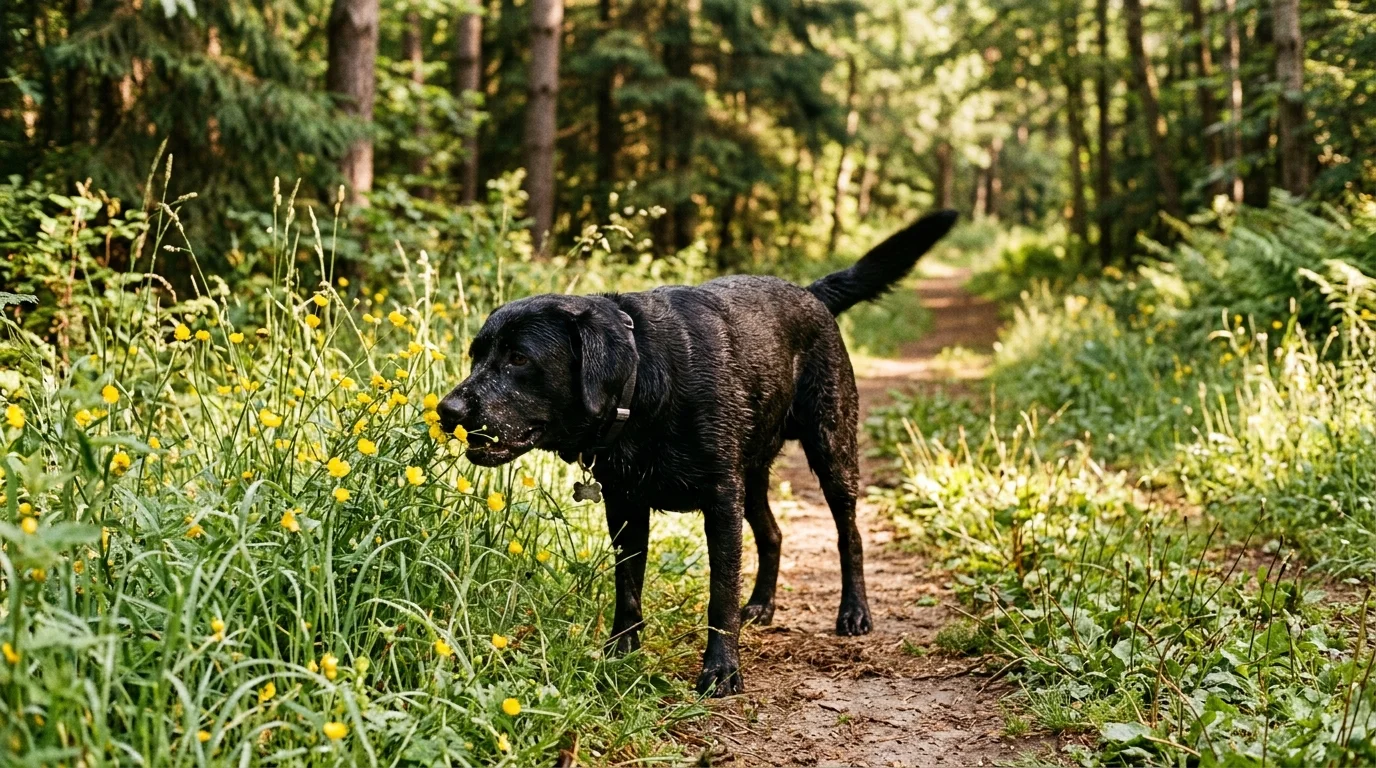 A black labrador retriever happily sniffing yellow wildflowers on a sun-dappled forest path, shot on warm 35mm film.