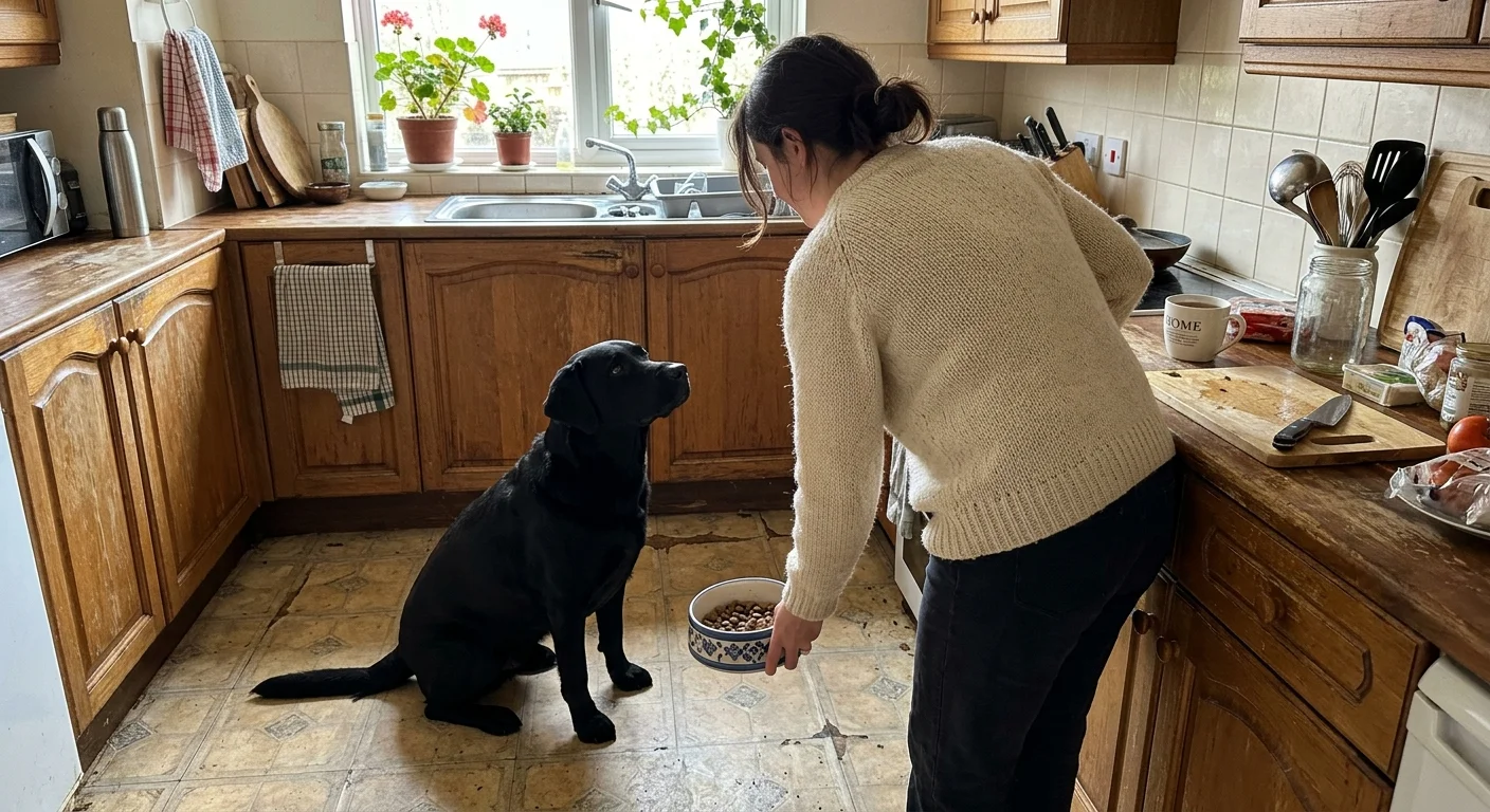 A black Labrador sitting patiently in a warm kitchen as its owner sets down its food bowl, showcasing positive routine reinforcement.