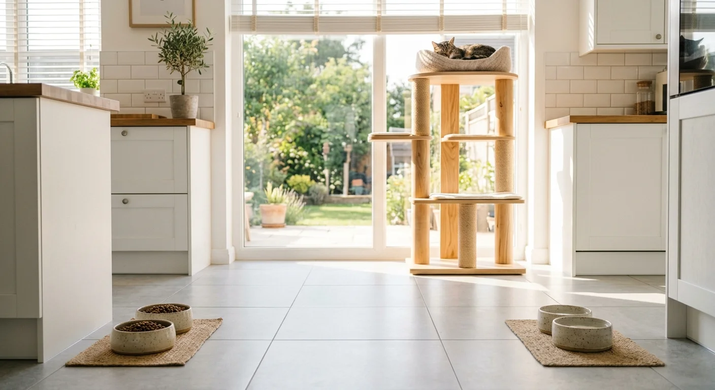 A bright kitchen showing two cat bowls spaced far apart and a multi-level wooden cat tree in the background, promoting harmony.