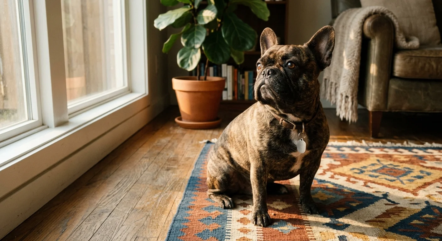 A brindle French Bulldog sitting in a sunlit living room, looking up with bright eyes.