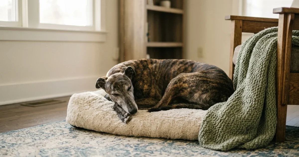 A brindle Greyhound sleeping peacefully on a cream-colored dog bed in a warm, sunlit living room.