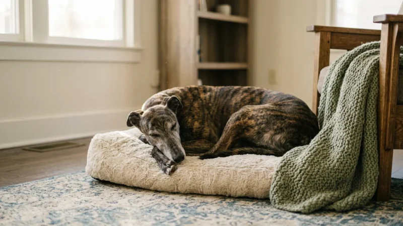 A brindle Greyhound sleeping peacefully on a cream-colored dog bed in a warm, sunlit living room.