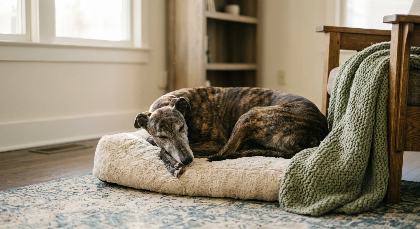 A brindle Greyhound sleeping peacefully on a cream-colored dog bed in a warm, sunlit living room.