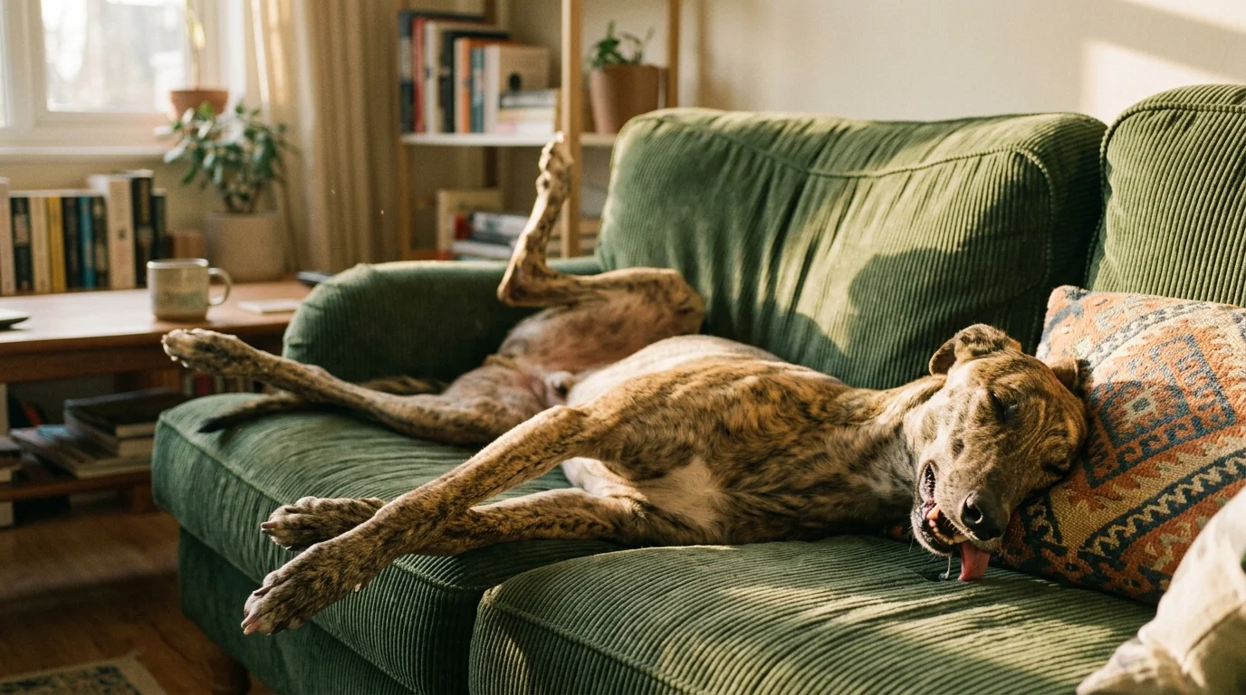A brindle hound sleeps upside down on a green corduroy sofa with its legs stretched out into the air.