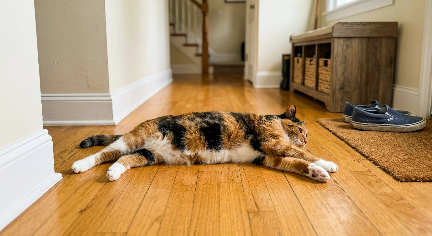 A calico cat happily flops and stretches across a polished wood hallway floor near a pair of casual shoes.
