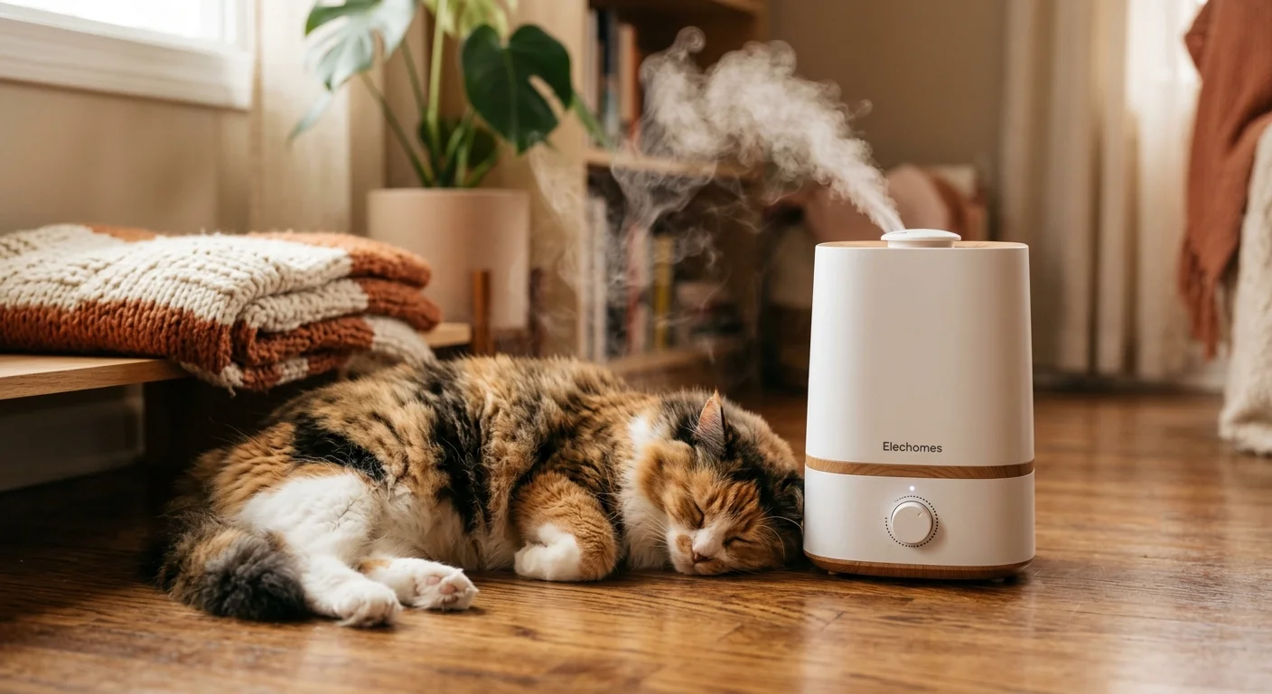 A calico cat sleeps on a wooden floor near a sleek cool-mist humidifier emitting a gentle plume of vapor.