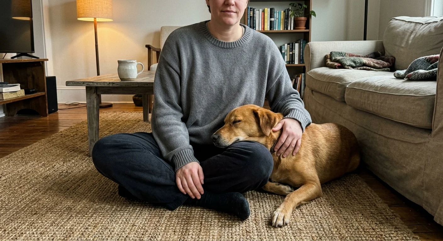 A candid home photograph of a person sitting on the floor, gently leaning their body against their anxious dog to provide comfort.