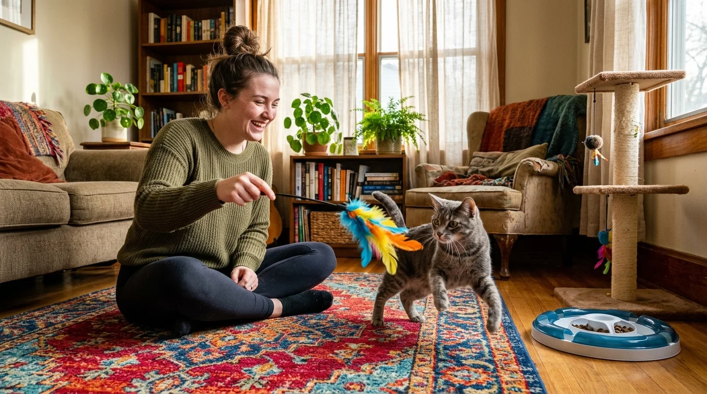 A cat owner plays with a gray tabby cat using a feather wand toy on a living room rug next to a scratching post.