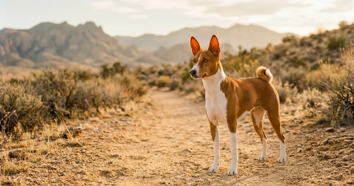 A chestnut and white Basenji dog stands alert on a sun-drenched desert trail during golden hour.