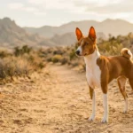 A chestnut and white Basenji dog stands alert on a sun-drenched desert trail during golden hour.