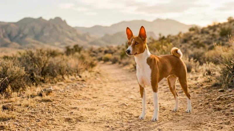 A chestnut and white Basenji dog stands alert on a sun-drenched desert trail during golden hour.