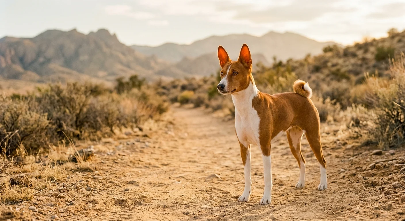 A chestnut and white Basenji dog stands alert on a sun-drenched desert trail during golden hour.