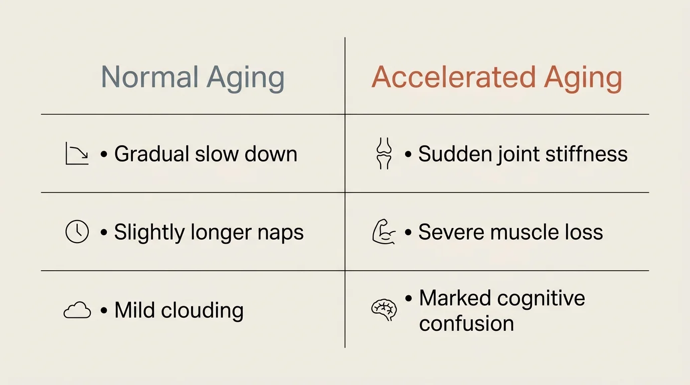 A clean comparison chart contrasting signs of normal dog aging with signs of rapid, accelerated aging.