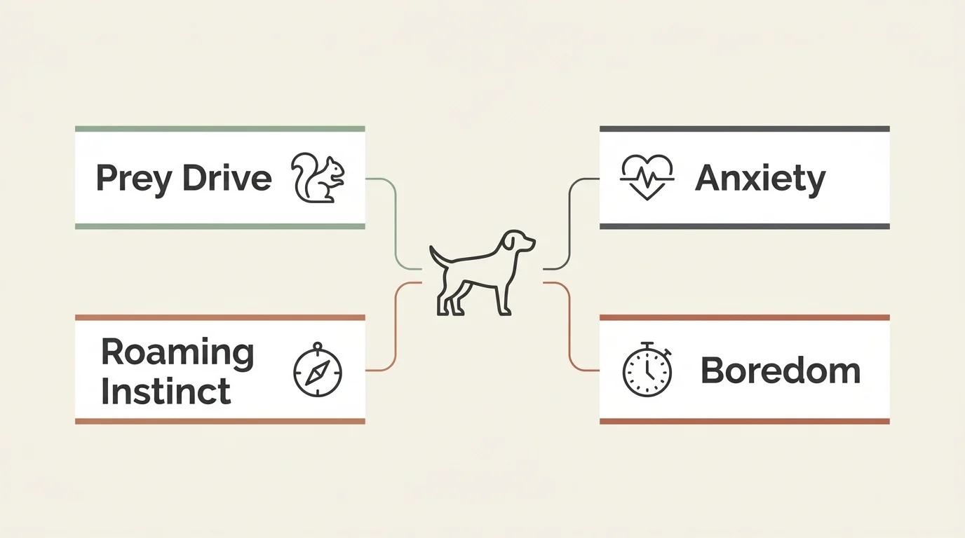 A clean concept map diagram detailing the four main drivers of dog escape: Prey Drive, Anxiety, Roaming, and Boredom.