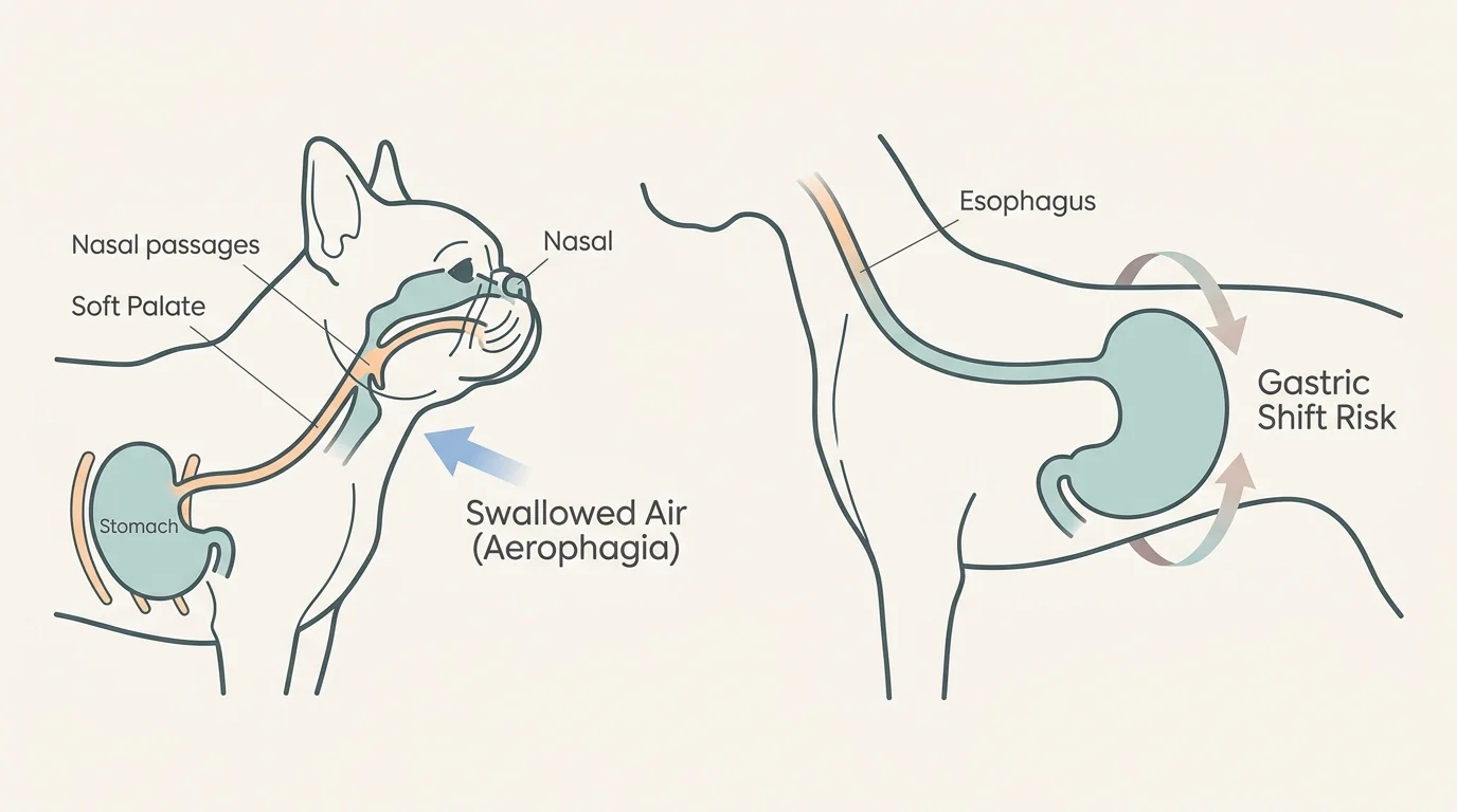 A clean diagram comparing anatomical risk factors like air swallowing in flat-faced dogs and gastric shift in deep-chested dogs.