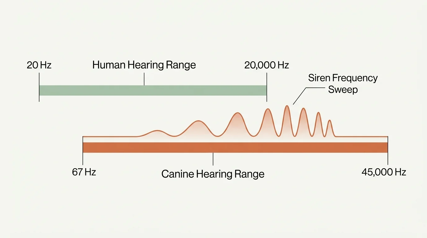 A clean diagram comparing human hearing range (20 Hz to 20,000 Hz) to the wider canine hearing range (67 Hz to 45,000 Hz).