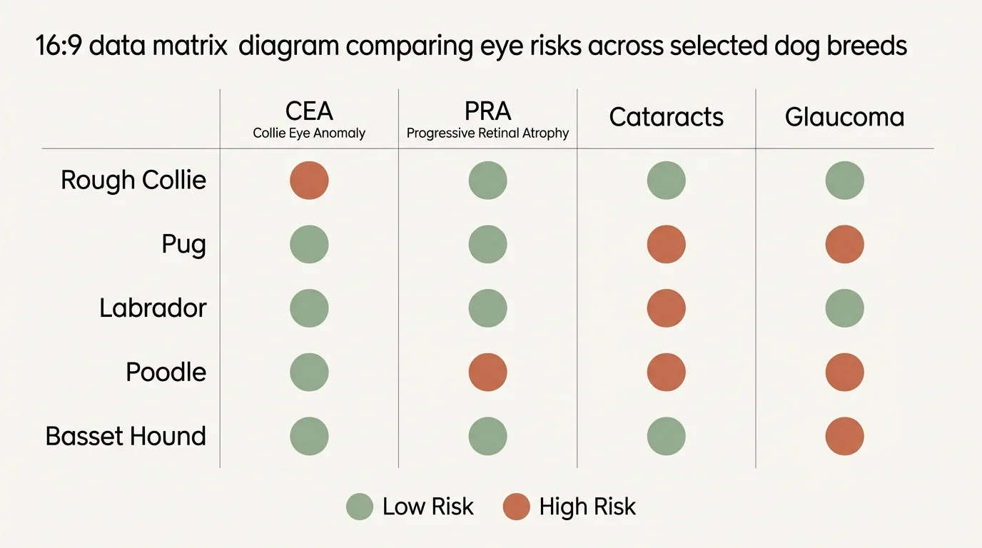 A clean, horizontal comparison matrix showing eye disease risks for different dog breeds.