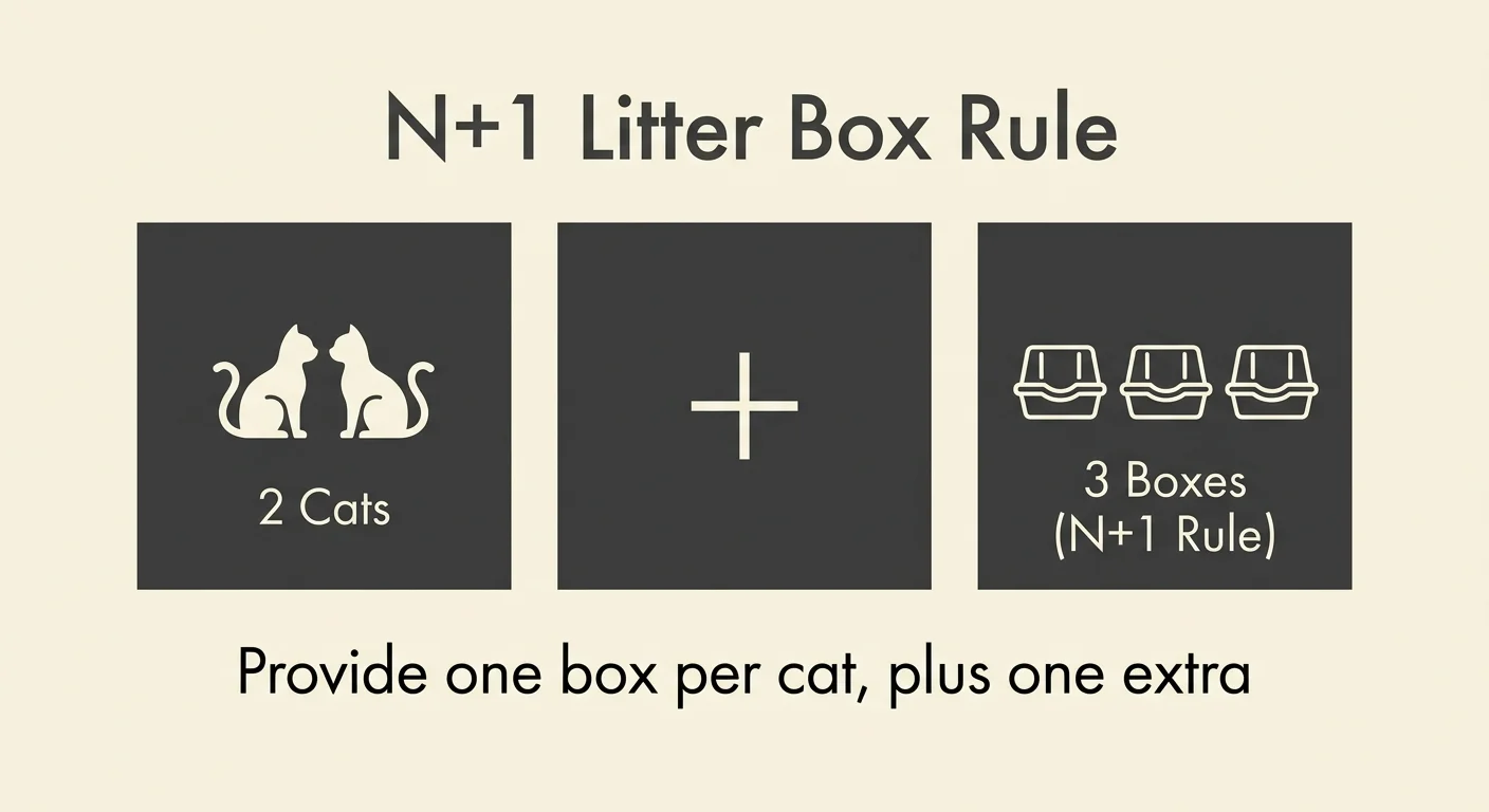 A clean horizontal infographic illustrating the N+1 litter box rule, showing 2 cats requiring 3 boxes.