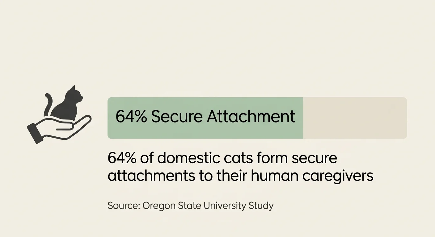 A clean, minimalist infographic showing that 64 percent of cats form secure attachments to their human caregivers.