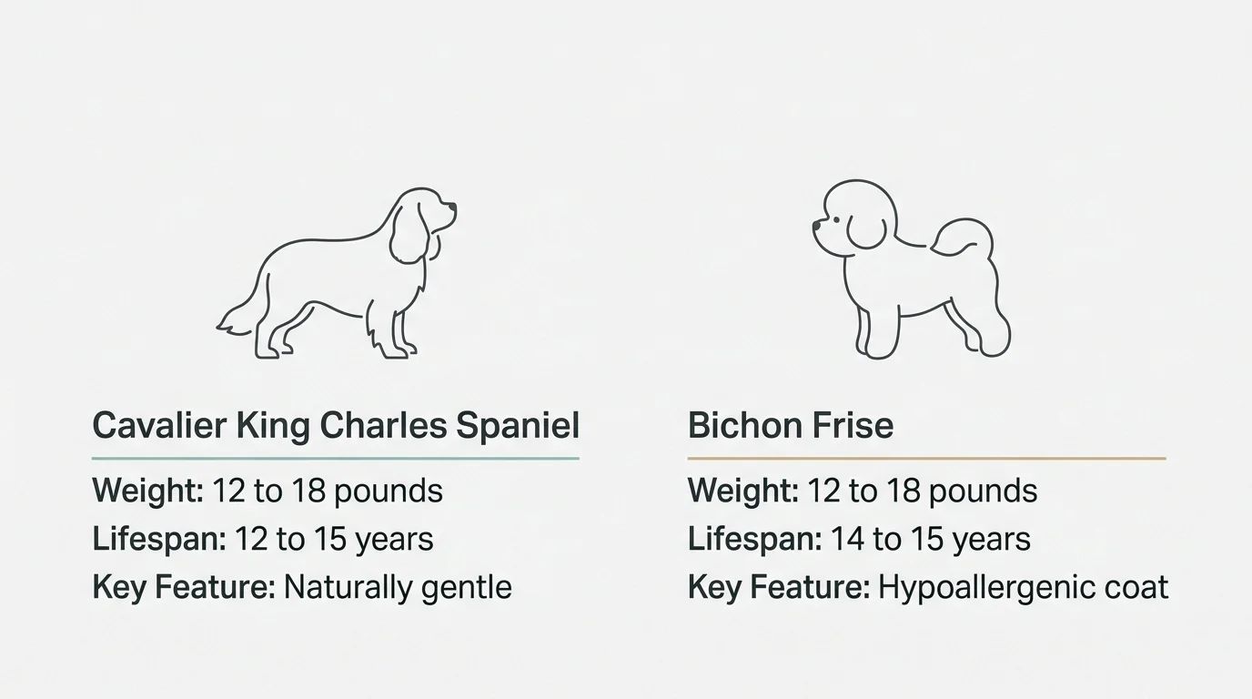 A clean visual comparison chart detailing weight, lifespan, and key features of Cavalier King Charles Spaniels and Bichon Frises.