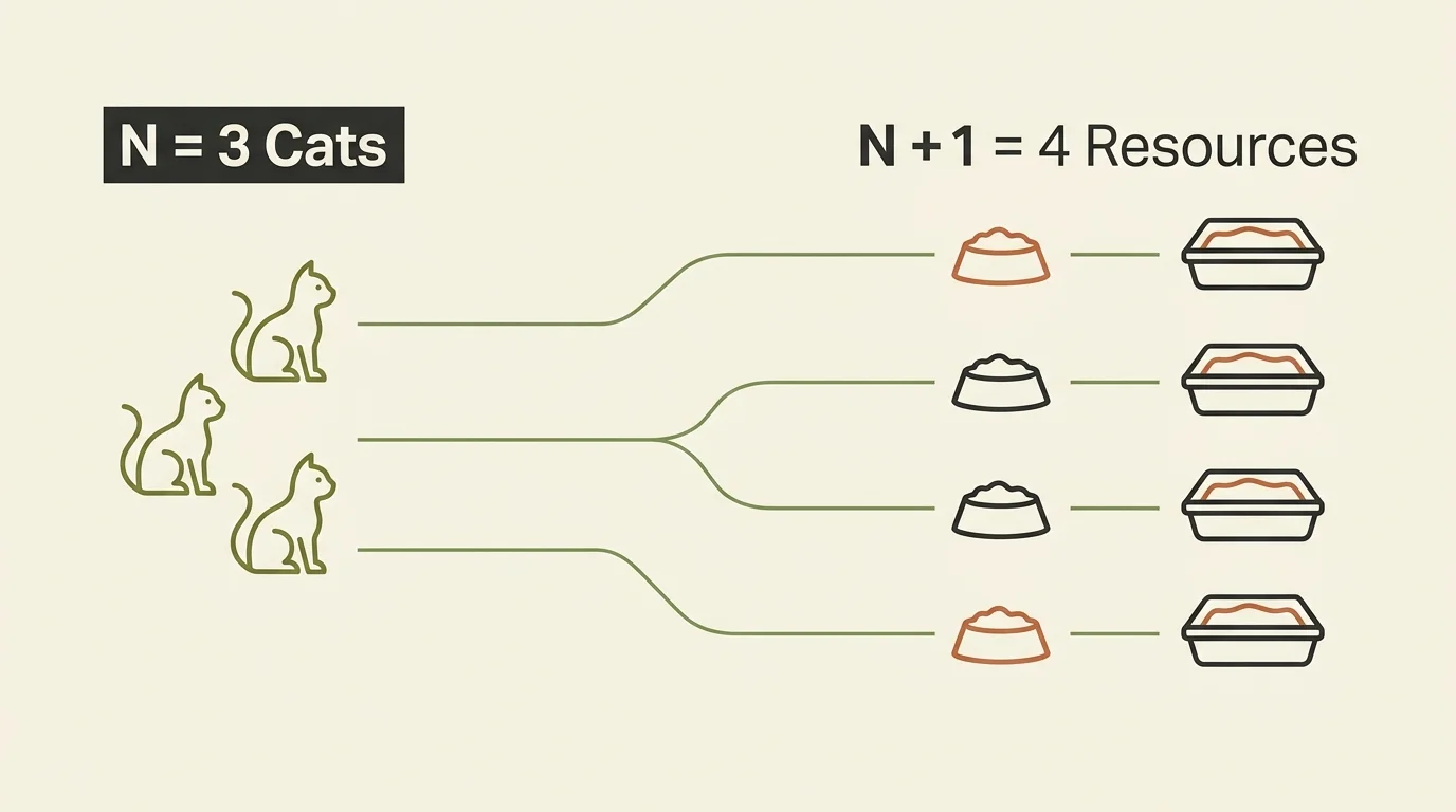 A clean visual diagram illustrating the N + 1 formula with 3 cat icons pointing to 4 resource icons, explaining resource distribution.